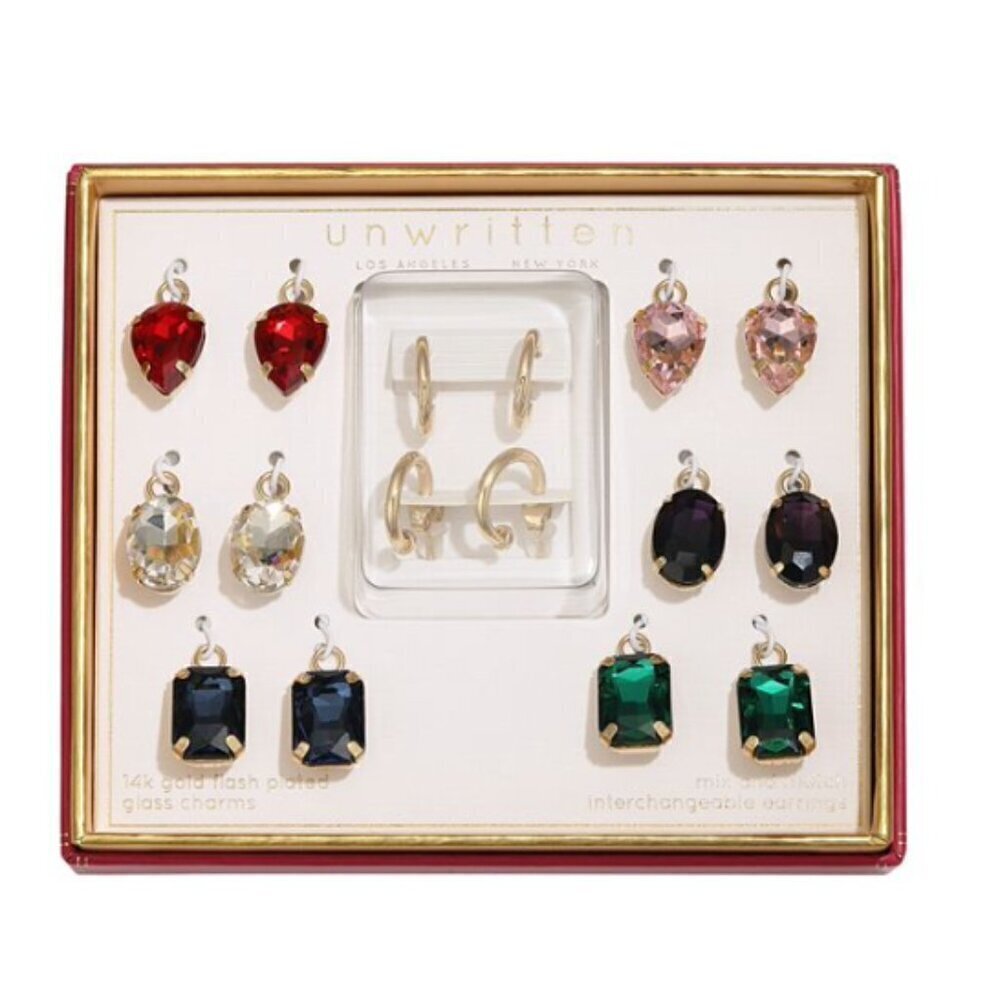 Unwritten Earrings Multi-Color Glass Mix and Match Hoop Interchangeable Set NIB